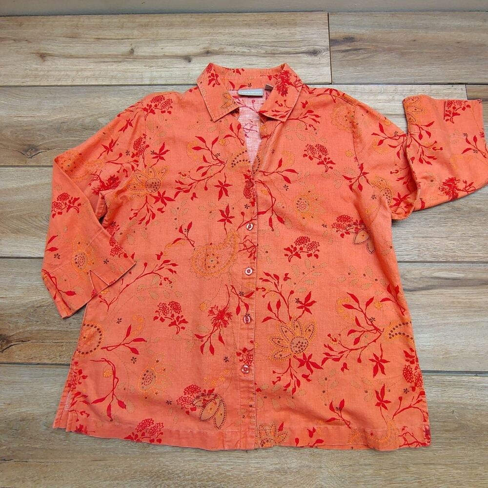Croft & Barrow Floral Button Linen Blend Blouse Orange Cottagecore Women's Large